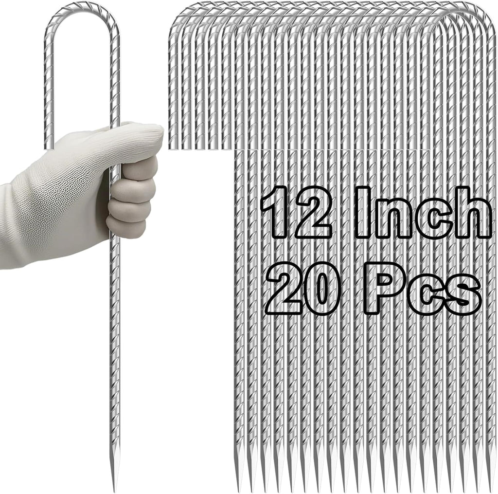 VVOKGO Rebar-Stakes-12-Inch J Hook Galvanized Tent Stakes Heavy Duty, 20-Pack Ground Chain Link Fence Anchors with Chisel Point End for Bounce House, Camping Tents, Outdoor Inflatables Decorations
