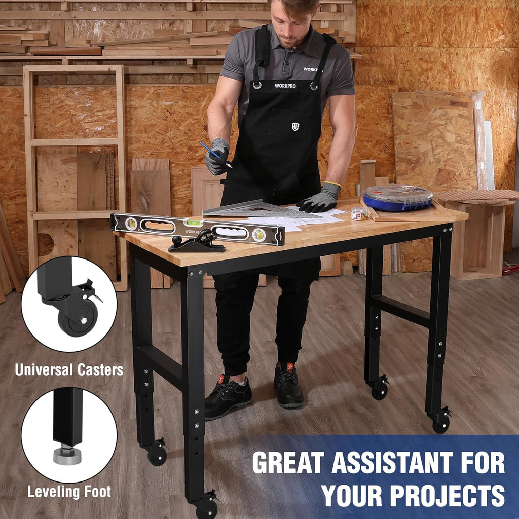 WORKPRO Garage Workbench, 48"X22" Adjustable Workbench with Wheels and Leveling Foot, Rubber Wood Top Work Desk with Power Outlets, 1500 LBS Workbenches for Garage, Workshop