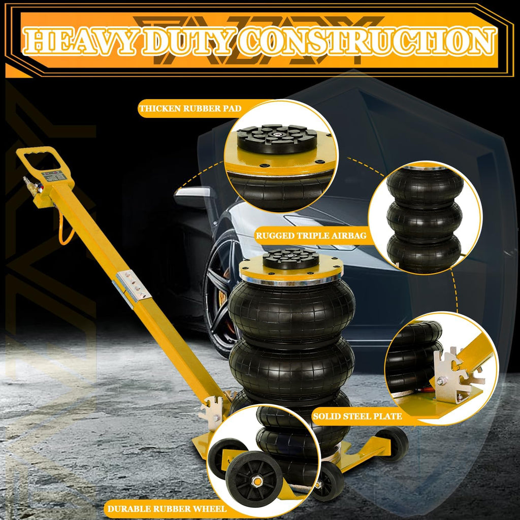 3T Triple Bag Air Jack 6600lbs Pneumatic Jack 3s Fast Lift Up 16in Airbag Jack with Adjustable Long Handle Heavy Duty Triple Air Bag Jack Lift for Cars Garage (Yellow)