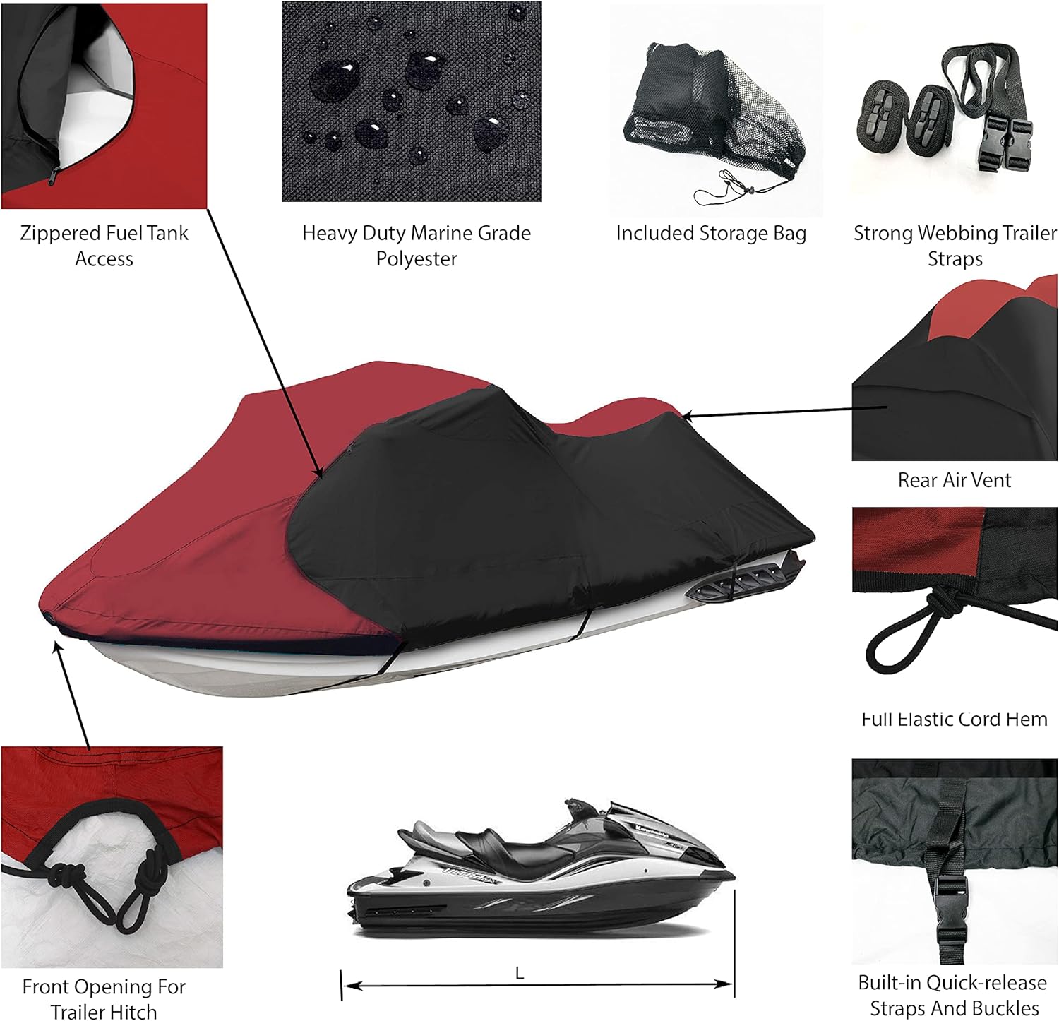 Trailerable Stand-up Jet Ski Cover, Waterproof Marine Grade 600D Heavy Duty Polyester PWC Cover Burgundy/Black Color