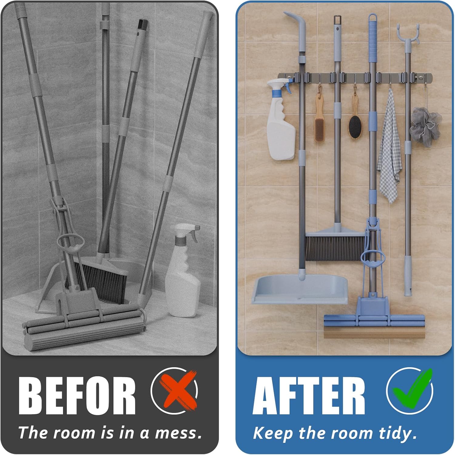 Wall Mounted Broom and Mop Organizer, Heavy Duty Stainless Steel Storage Rack for Brooms, Mops, Tools Space Saving Home Garage Organization (4 Racks with 5 Hooks)