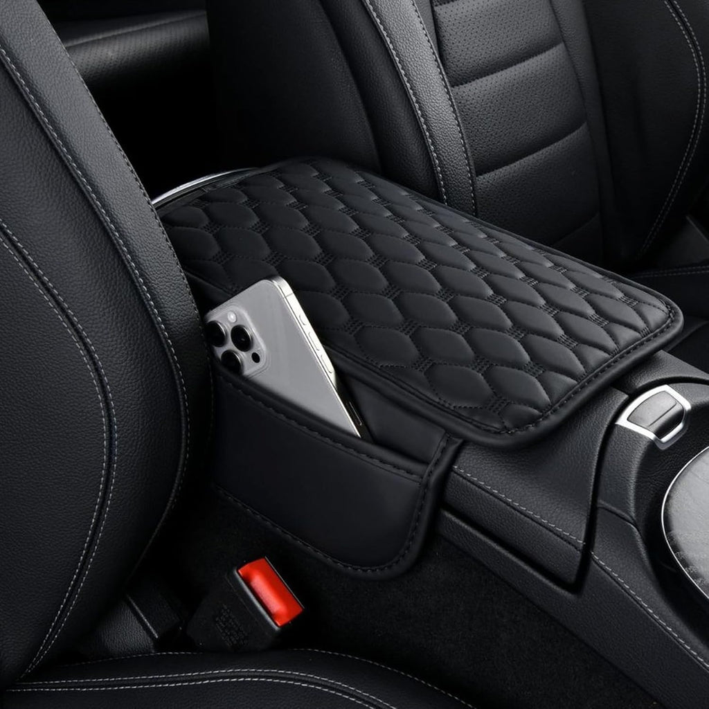 Car Center Console Cover, Leather Car Armrest Cover Cushion with 2 Storage Bags Universal Car Armrest Storage Box Pad Comfortable Car Decor Accessories Fit for Most Cars, Vehicles, SUVs (Black-2)