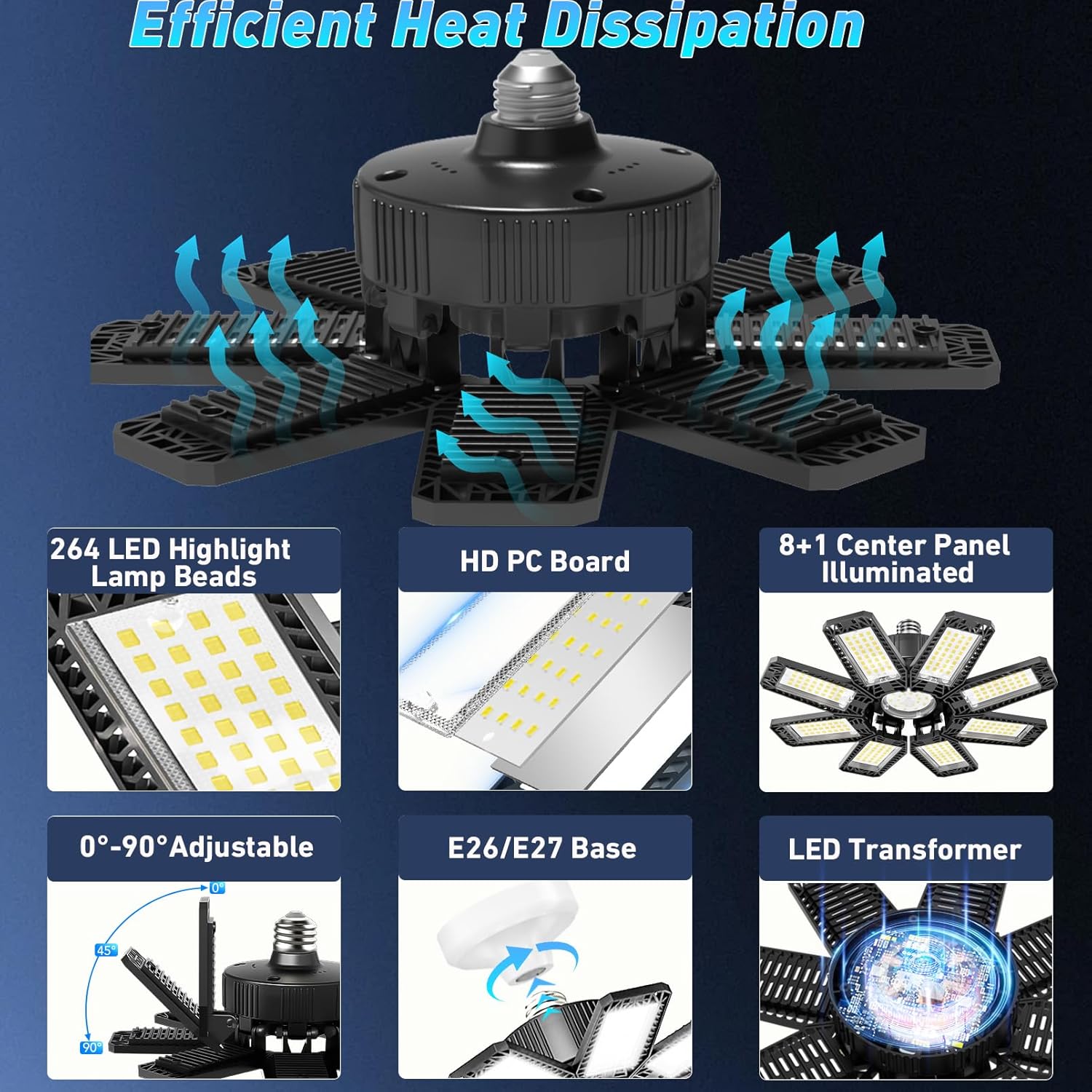 Garage Light 2 Pack - 240W 24000LM 6500K Garage Lights Ceiling LED with 8+1 Deformable Panels, E26/E27 Screw Socket in LED Shop Light for Workshop, Basement, Gym, Barn, Warehouse etc Bay Lighting