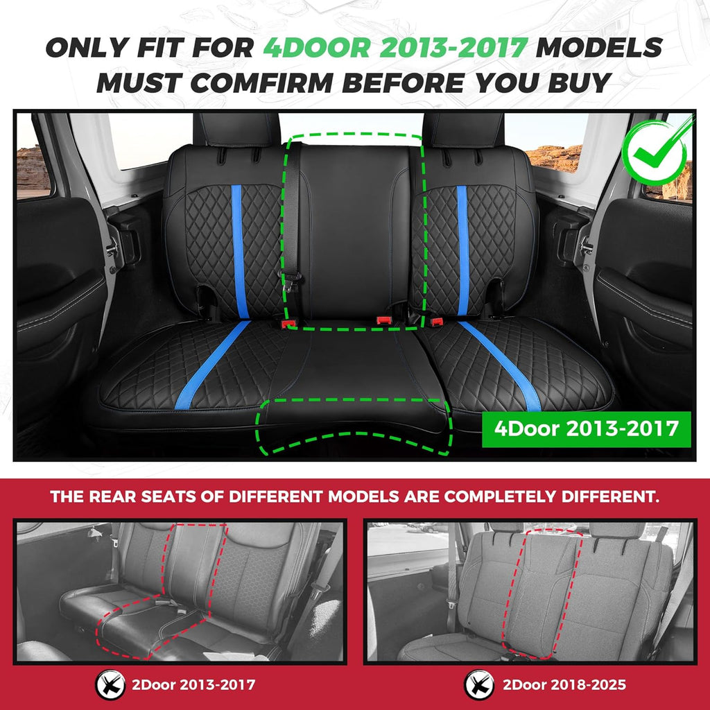 for Jeep Wrangler Seat Covers 4Door JK 2013 2014 2015 2016 2017, Custom Car Seat Cover Full Set, Luxury Leather Seat Protectors, Waterproof SUV Interior Cushions Accessories, Black Blue Trim