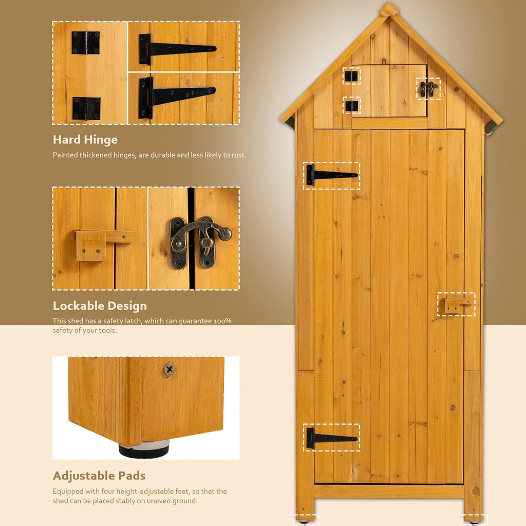 30.3" L X 21.3" W X 70.5" H Outdoor Storage Shed with Waterproof Roof, Solid Fir Wood Frame, and 3 Compartments for Garden Tools, Mower, and Hose,Natural Wood