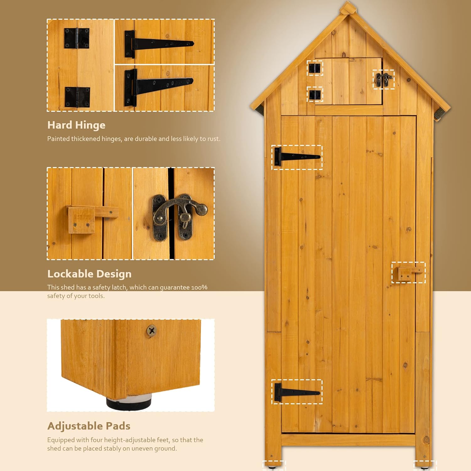 30.3" L X 21.3" W X 70.5" H Outdoor Storage Shed with Waterproof Roof, Solid Fir Wood Frame, and 3 Compartments for Garden Tools, Mower, and Hose,Natural Wood