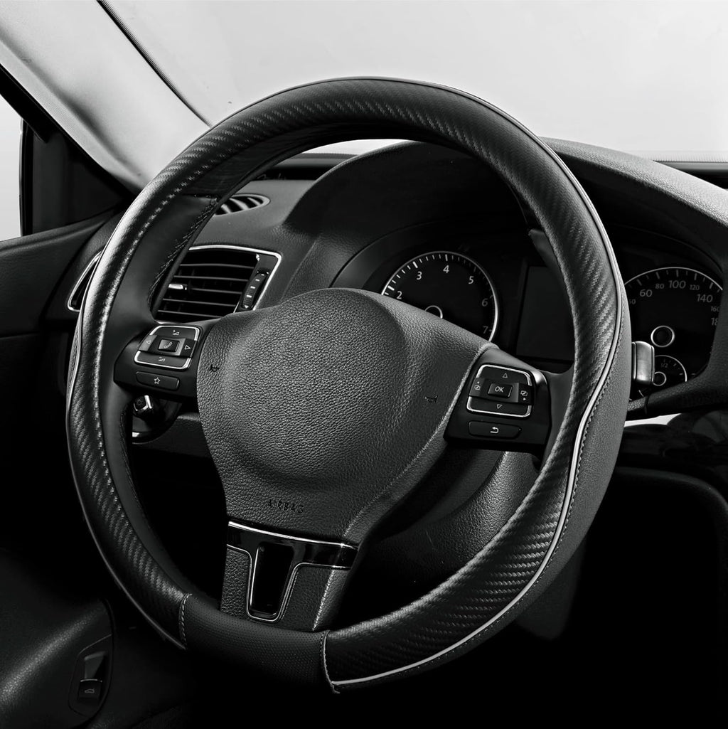 PIC AUTO Steering Wheel Cover, Gray Piping Leather, Sports Carbon Fiber and Super Breathable Leather, Universal 14.5-15.5 Inch Anti-Slip Steering Wheels Accessories for Men & Women