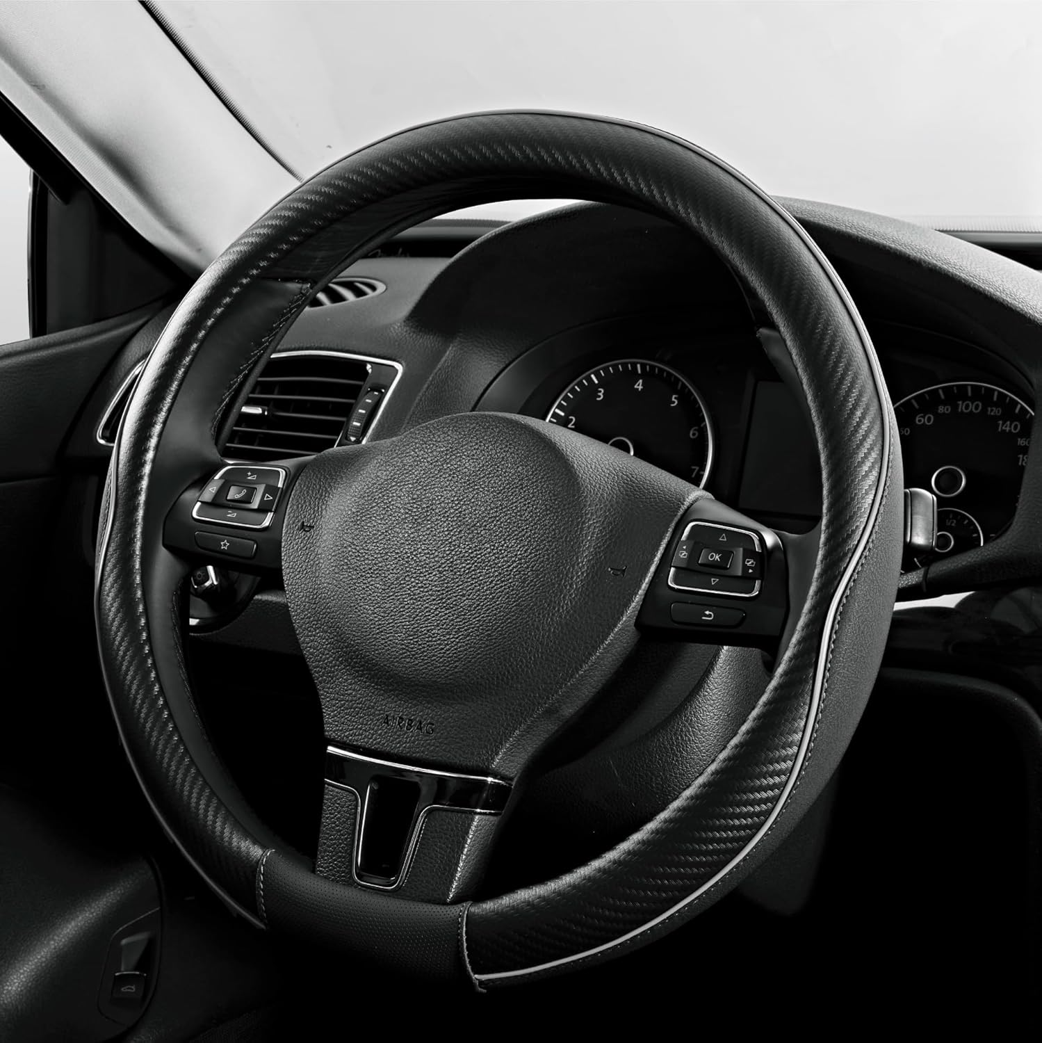 PIC AUTO Steering Wheel Cover, Gray Piping Leather, Sports Carbon Fiber and Super Breathable Leather, Universal 14.5-15.5 Inch Anti-Slip Steering Wheels Accessories for Men & Women