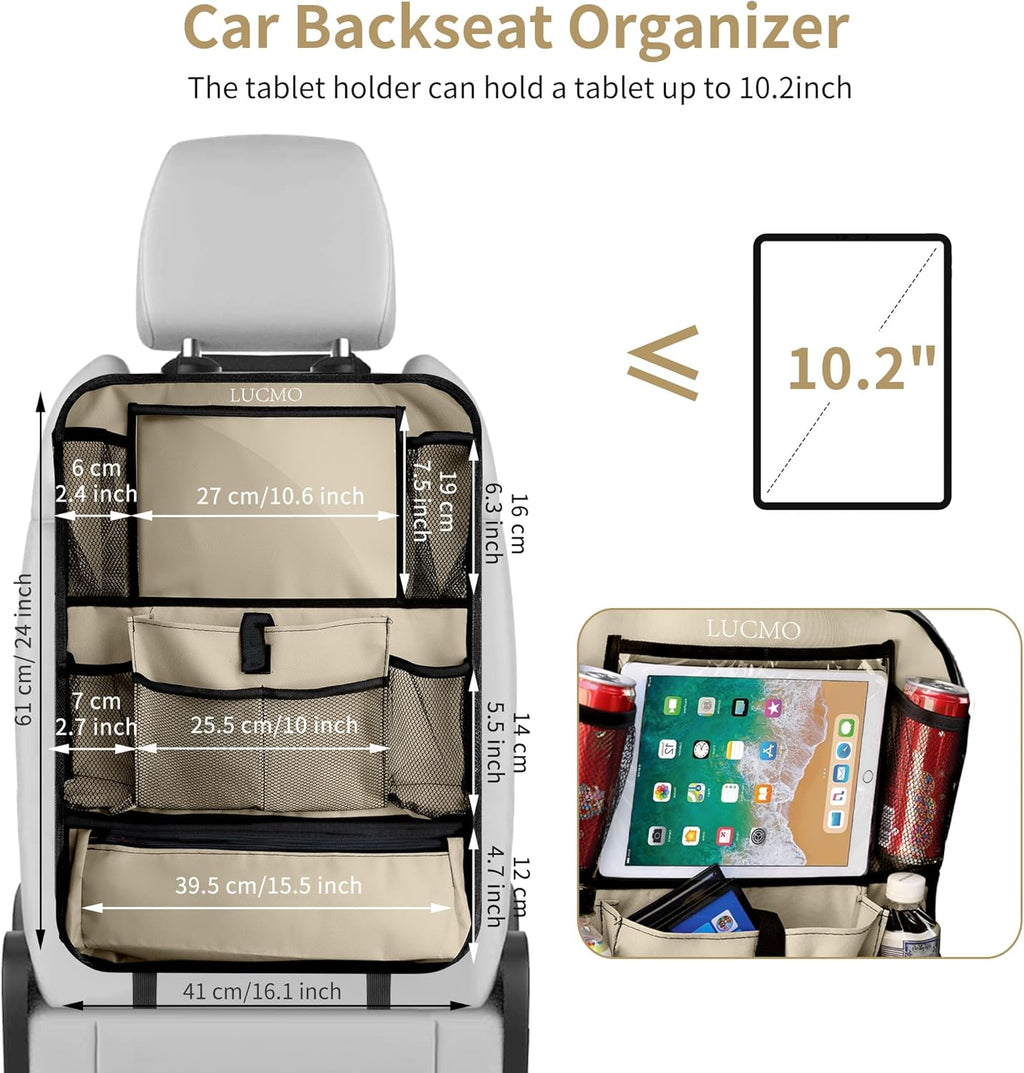 LUCMO Car Backseat Organizer with Touch Screen Tablet Holder-2 Pcs,9 Storage Pockets Car Storage Organizer Protectors Kick Mats Travel Accessories for Kids-Beige