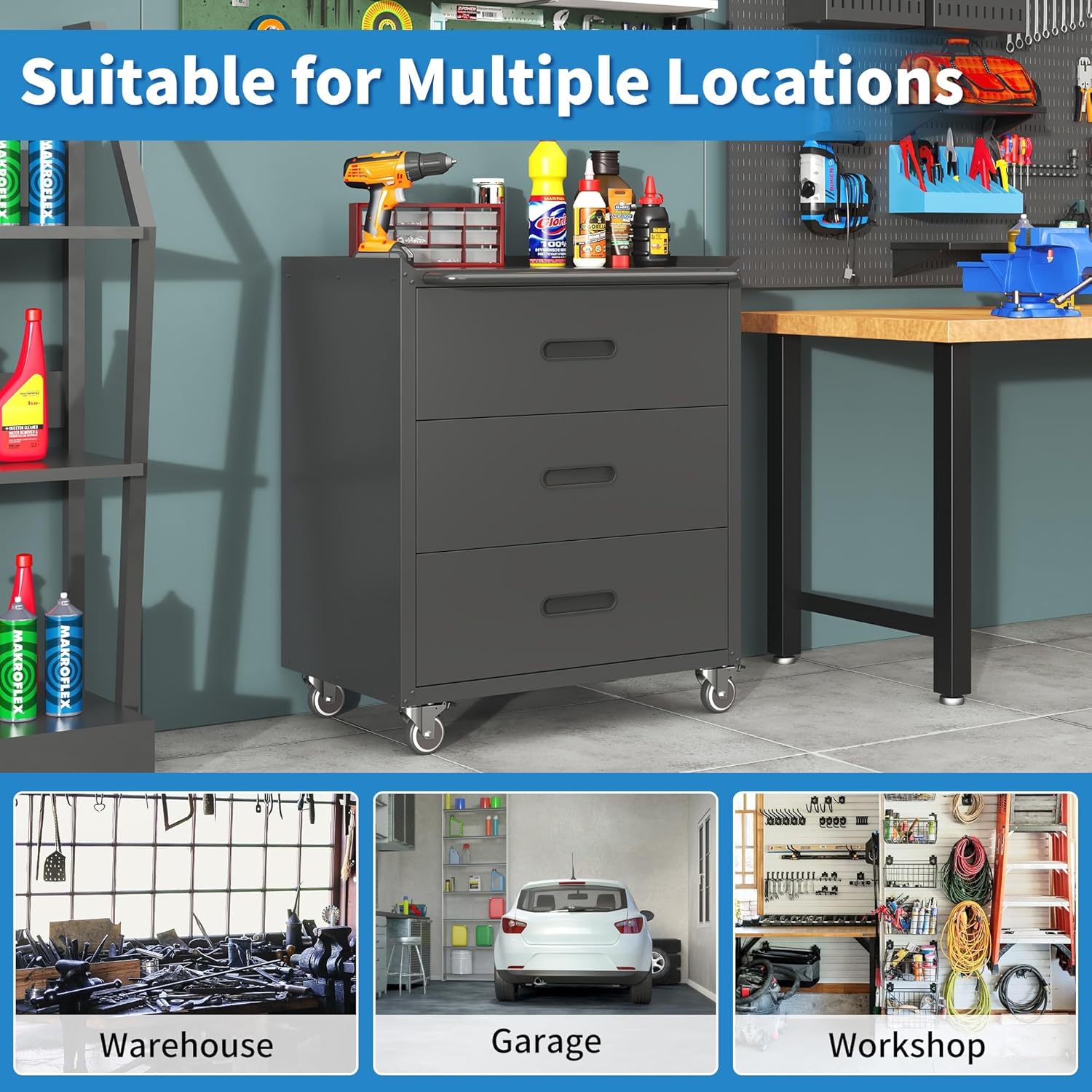 Metal Tool Cabinet,Garage Storage Cabinet System,Wall Cabinet & Locking Rolling Tool Cabinet with Doors and Adjustable Shelves,Steel Tool Cabinets for Home,Office (2 Pcs-StyleE, Black)