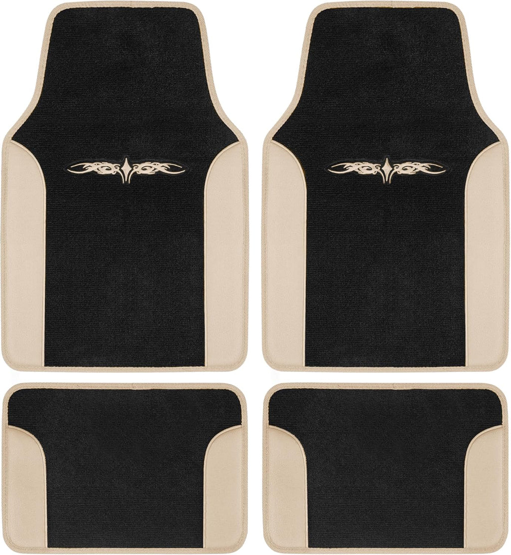 BDK carXS Fresh Two-Tone Carpet Floor Mats, Tribal Tattoo Design with Vinyl Trim for Car Sedan Truck SUV, Front & Rear Set of 4, Beige