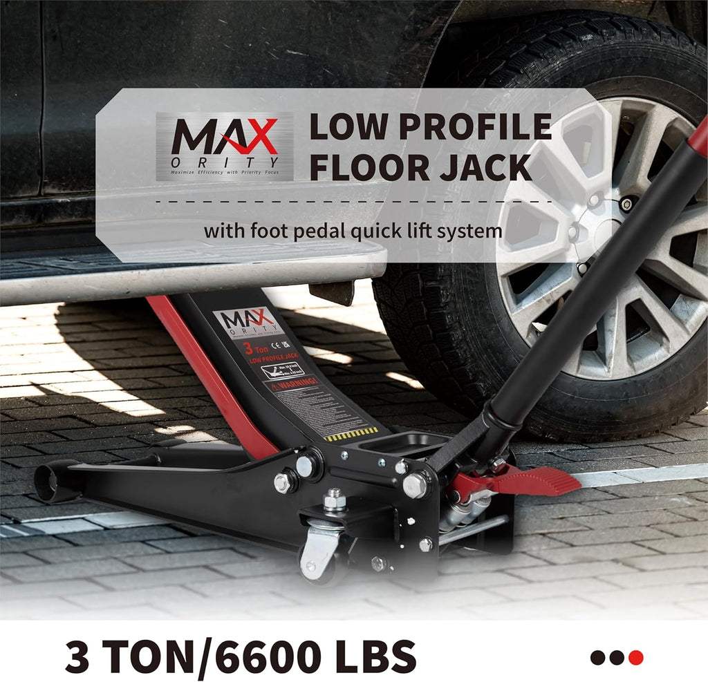 3-Ton (6600lbs) Low-Profile Dual Pistons Heavy-Duty Steel Racing Floor Jack with Quick Lift Hydraulic Pump, Foot Pedal and Magentic Pad for Car Maintenance (Red, 3 Ton Low Profile)