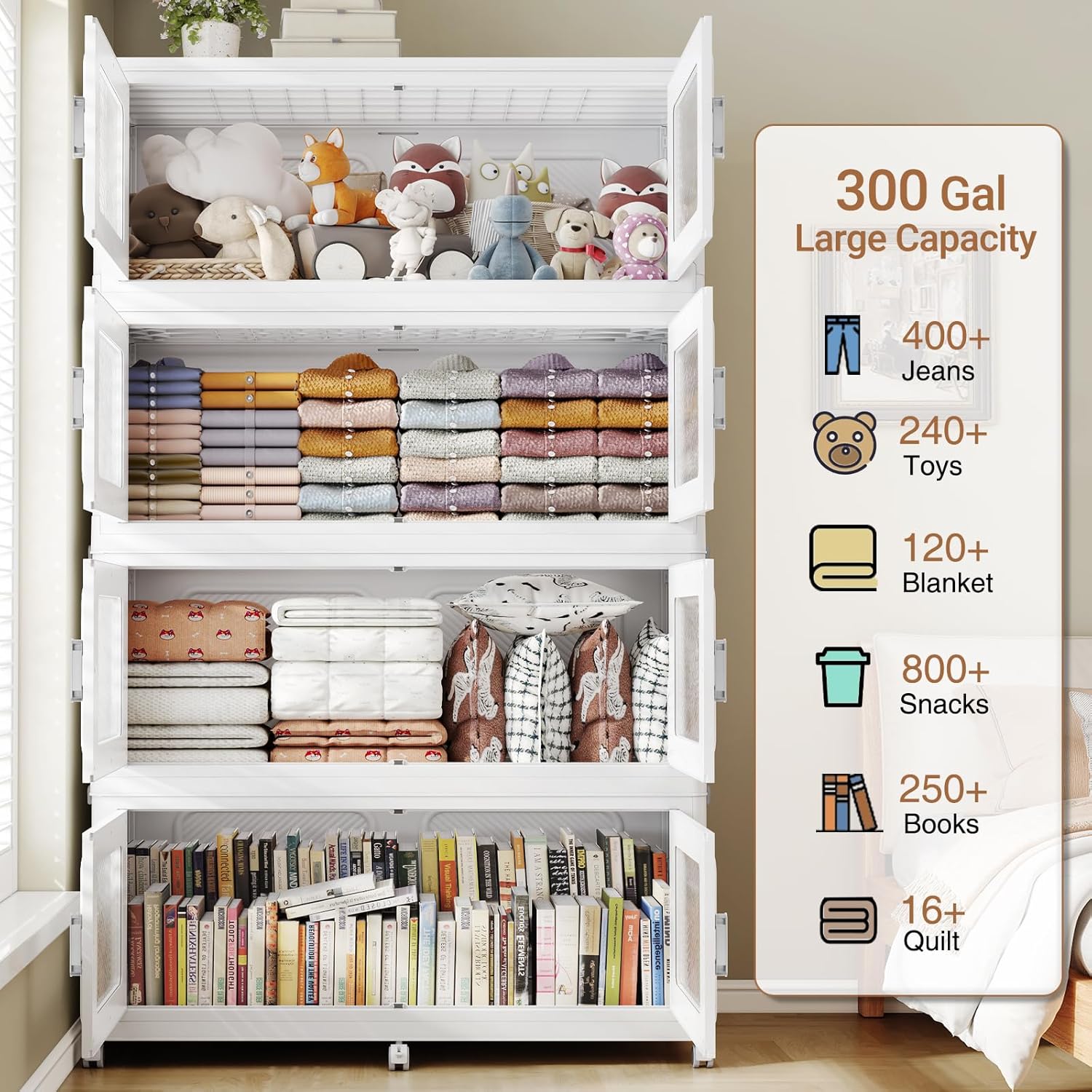 1200 Qt Stackable Storage Bin with Lid, 300Gal Extra Large Collapsible Storage Boxes, Folding Plastic Drawer, Heavy-Duty Store Cabinet, Closet Organizer for Home Kitchen, 4 Pack White