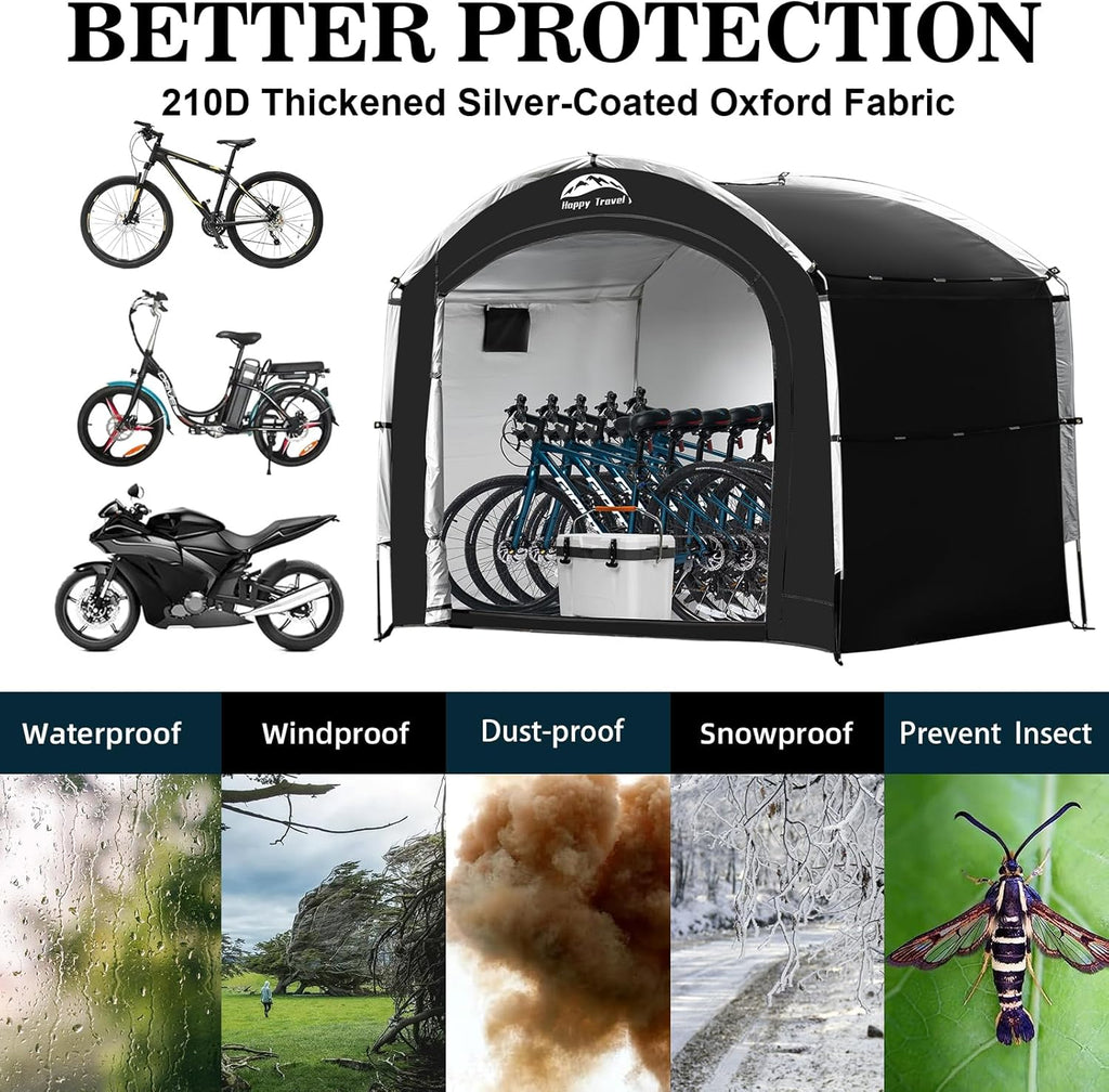 Happy Travel Bike Storage Tent Shed, Outdoor Waterproof Bicycle Covers Shelter with Window for 2/4/6/8 Bikes,Oversized Outside Portable Sheds for Lawn Mower,Garden Tools (Black)