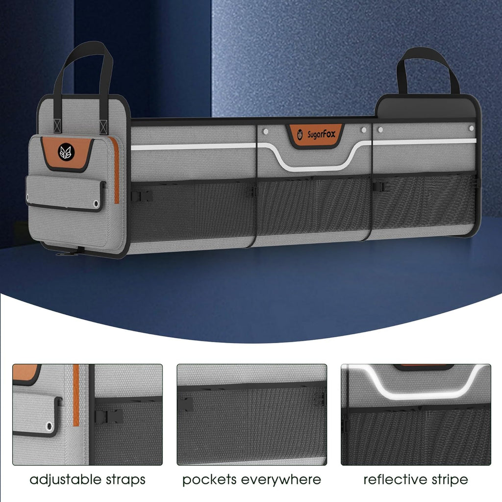 Trunk Organizer, Heavy-Duty Storage for Car & SUV, Foldable Waterproof Car Organizer with Cooler, Collapsible Multi-Compartment Storage, 95L, Grey-M003