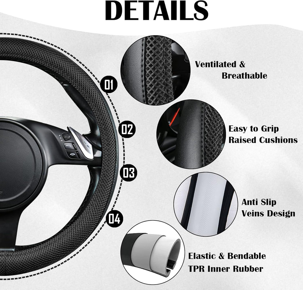 CAR PASS 3D Air Mesh Car Seat Covers Full Sets w/5mm Sponge, 4Pcs Waterproof Car Floor Mats, Steering Wheel Cover Universal Fit for SUV Sedan Truck, Airbag Compatible Automotive Interior(Black)