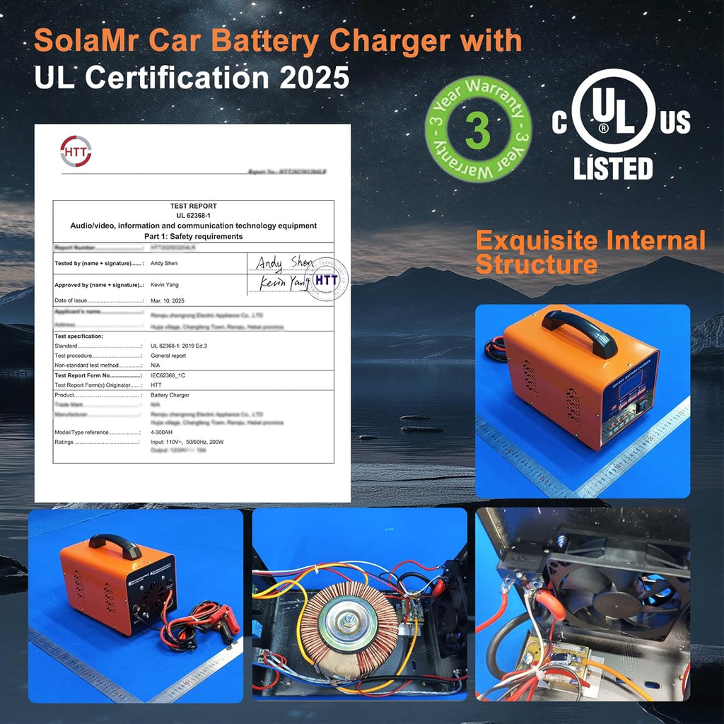 SolaMr 12V 24V Heavy Duty Car Battery Charger, 0-20A Trickle Charger for Car Truck Motorcycle Lawn Mower Battery AGM, Metal Case Smart Battery Maintainer with Automatic Shutoffs, Repair, Winter Mode
