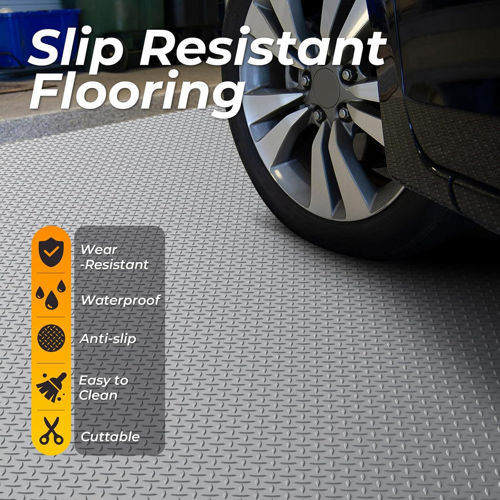 7.8 x 22 FT Garage Floor Mat, 2.8mm Thickness Diamond Plate Vinyl Garage Flooring Roll for Under Car, Large Size 172 SQFT for Large SUVs, MPV, Pickup Truck, RV, Light Grey