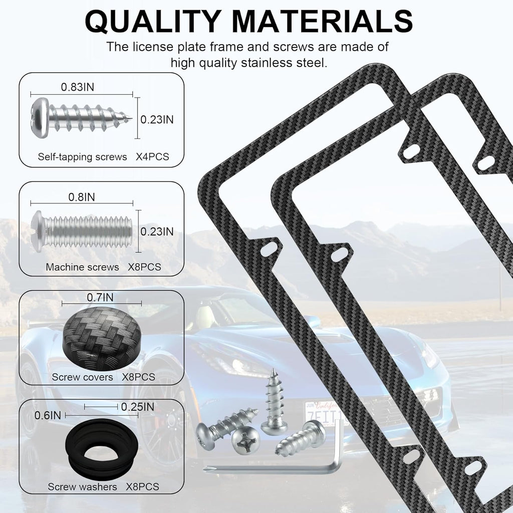 LivTee Carbon Fiber License Plate Frames, 4 Holes Stainless Steel License Plate Covers, 2PCS Car License Plate Holder, Automotive Exterior Accessories, Slim Design with Gasket Cover for US Cars