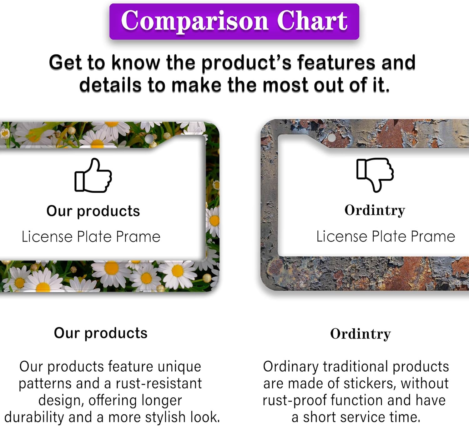 Fun License Plate Frame Cover Multicolor License Plate Frames Daisy Flower Universal Aluminum Car Accessory 2 Pack with Screw Covers Set
