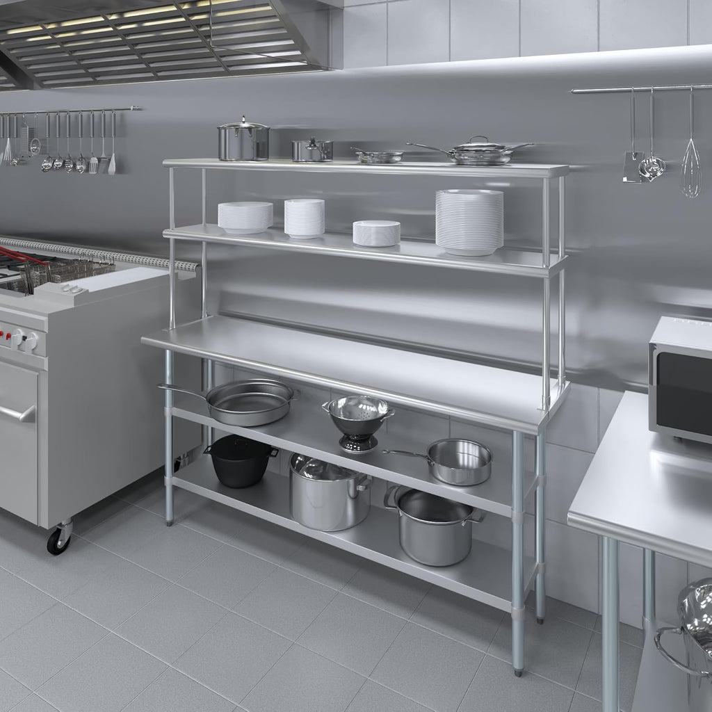 Amgood Stainless Steel Work Table with 2 Shelves | Metal Kitchen Prep Table & Shelving Combo (18" x 72" Table with 2 Shelves + 12" Overshelf)