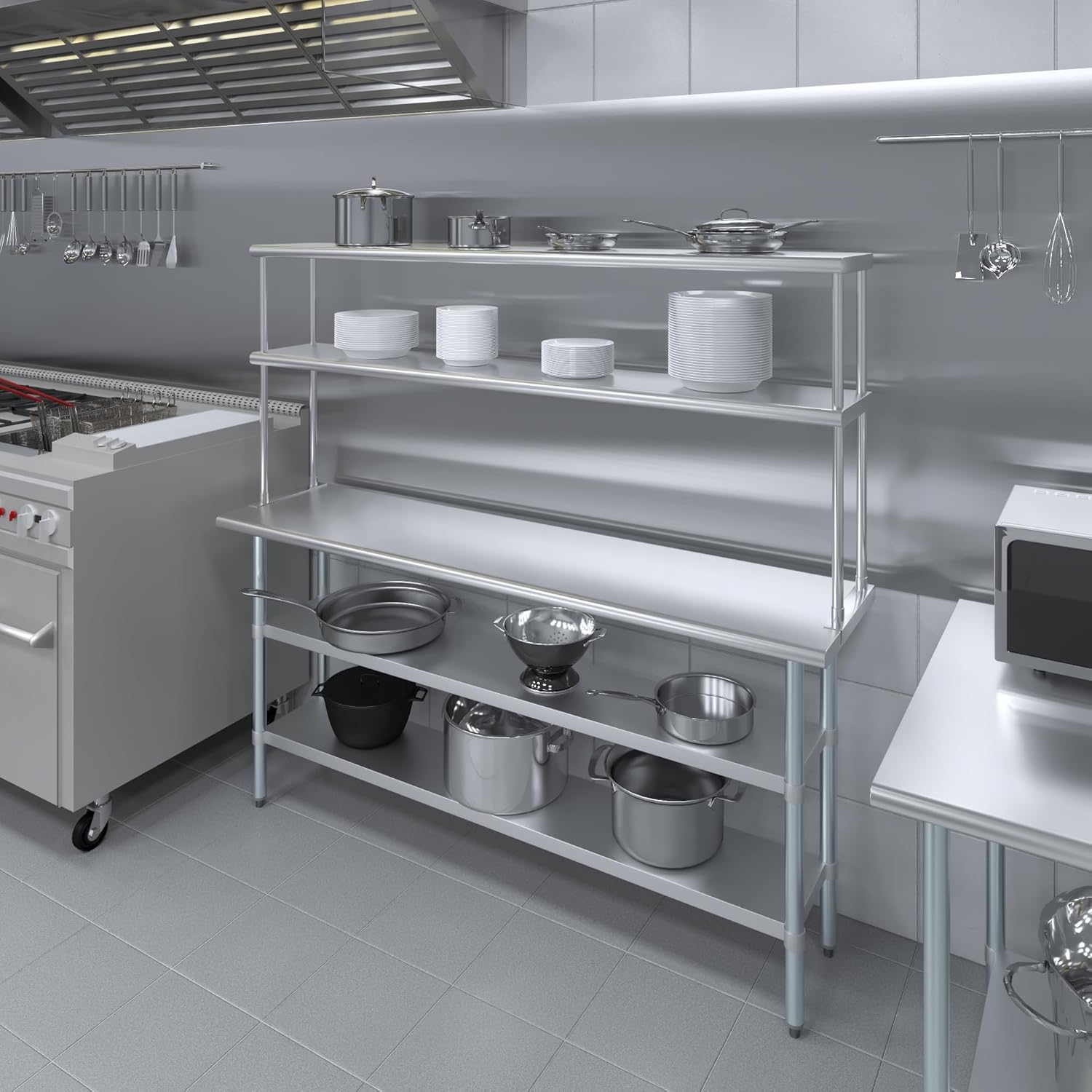Amgood Stainless Steel Work Table with 2 Shelves | Metal Kitchen Prep Table & Shelving Combo (18" x 72" Table with 2 Shelves + 12" Overshelf)