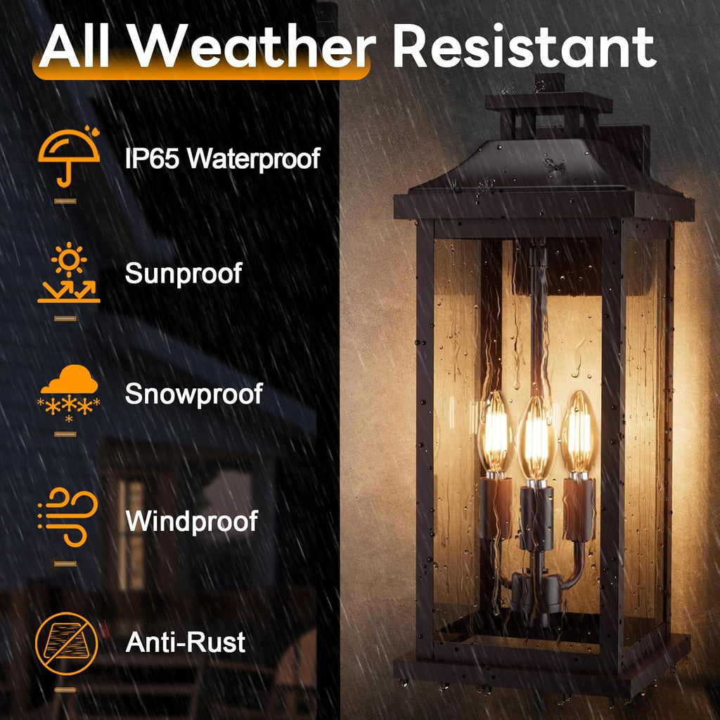 20" Oil Rubbed Bronze Outside Lighting for House 3-Light, 2 Pack Brown Large Vintage Outdoor Sconce Lights Porch Patio Lights Wall Mount, Waterproof Exterior Carriage Lamps, E12