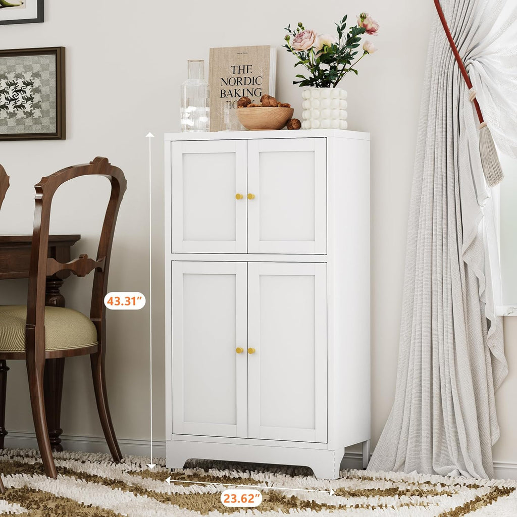 White Bathroom Floor Cabinet, Metal Storage Cabinet with 2 Adjustable Shelves & 4 Doors,Freestanding Sideboard for Dining Room,Living Room, Home Office
