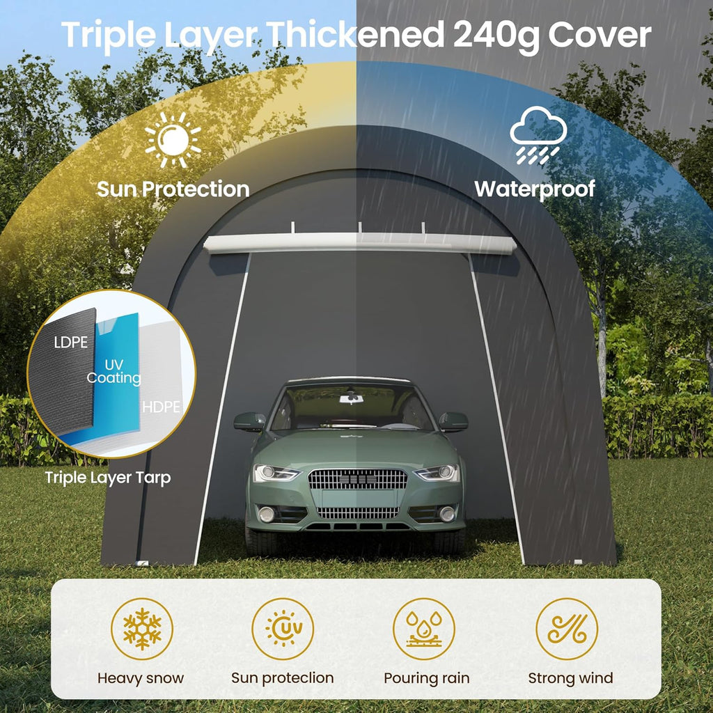 Kiss the Water Carport, Round Portable Garage, Steel Heavy Duty Carport with Ground Stakes, Tensioner and 2 Roll Up Windows PE Fabric Car Port, Garage, Storage Shed, Tent for Storage, SUV (10x15 Ft)
