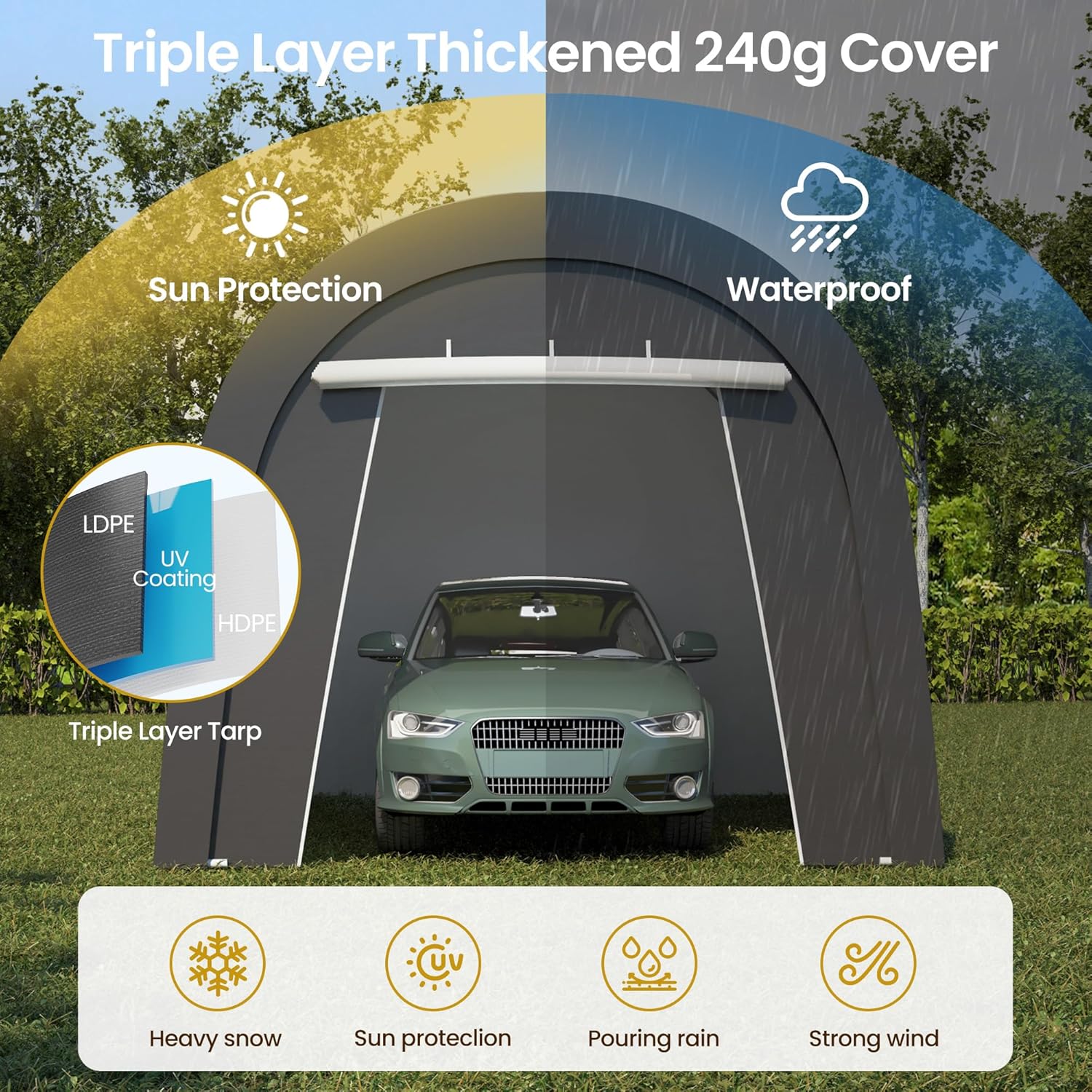 Kiss the Water Carport, Round Portable Garage, Steel Heavy Duty Carport with Ground Stakes, Tensioner and 2 Roll Up Windows PE Fabric Car Port, Garage, Storage Shed, Tent for Storage, SUV (10x15 Ft)