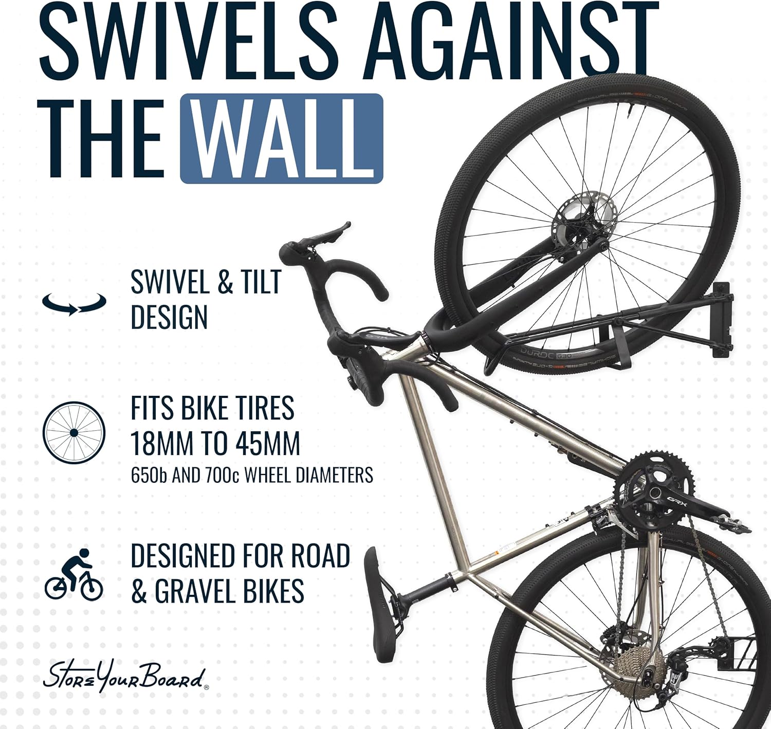 StoreYourBoard SwivelStow Bike Storage Rack 4 Pack, 2 MTB & 2 Road & Gravel Bike Wall Mounts, Heavy Duty Bike Hanger, No-Lift Bike Wall Mount for Garage Bike Storage, Holds 70 lbs, Patent-Pending