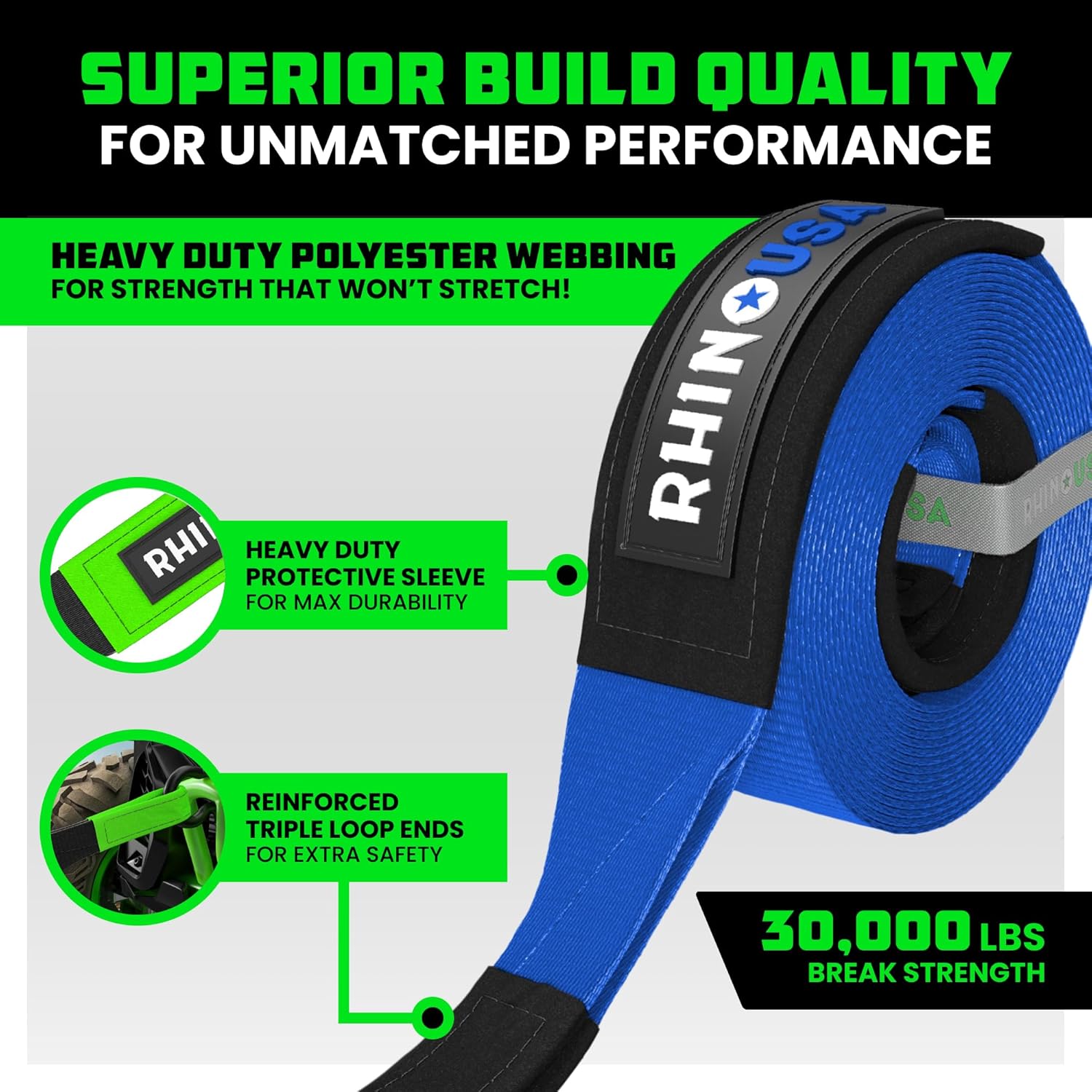 Rhino USA Recovery Tow Strap (4" x 30') - 40,320lb Break Strength - Emergency Recovery Strap Tow Rope for Diesel Trucks, Backhoe, Excavators & More - Heavy Duty Towing Strap for Offroad 4x4 Use (Blue)