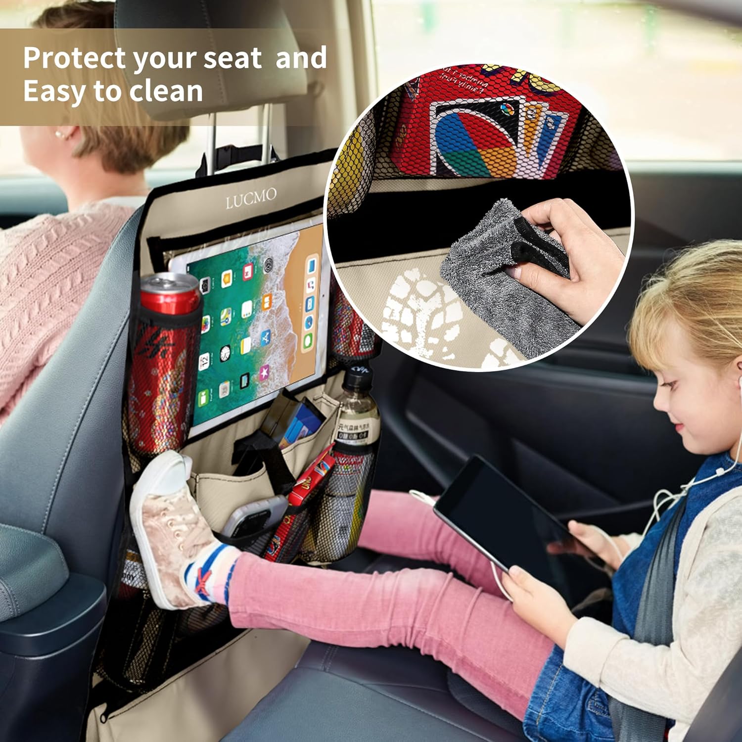 LUCMO Car Backseat Organizer with Touch Screen Tablet Holder-2 Pcs,9 Storage Pockets Car Storage Organizer Protectors Kick Mats Travel Accessories for Kids-Beige