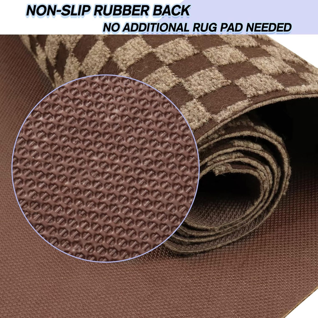 Custom Size Backed Non-Slip Area Rugs Runner, Easy Clean, Waterproof Runner Rugs for Hallway Entryway, Kitchen, Laundry, 3FT x 22FT, Brown Checkered