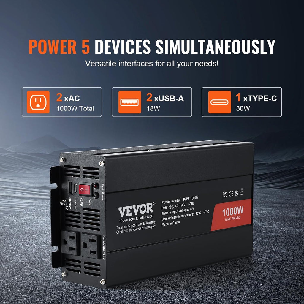 VEVOR 1000W Pure Sine Wave Inverter, DC 12V to AC 120V Power Inverter with 2 AC Outlets 1 USB Port 1 Type-C Port, Remote Control for Small Home Devices Like Smartphone Laptop, CE FCC Certified
