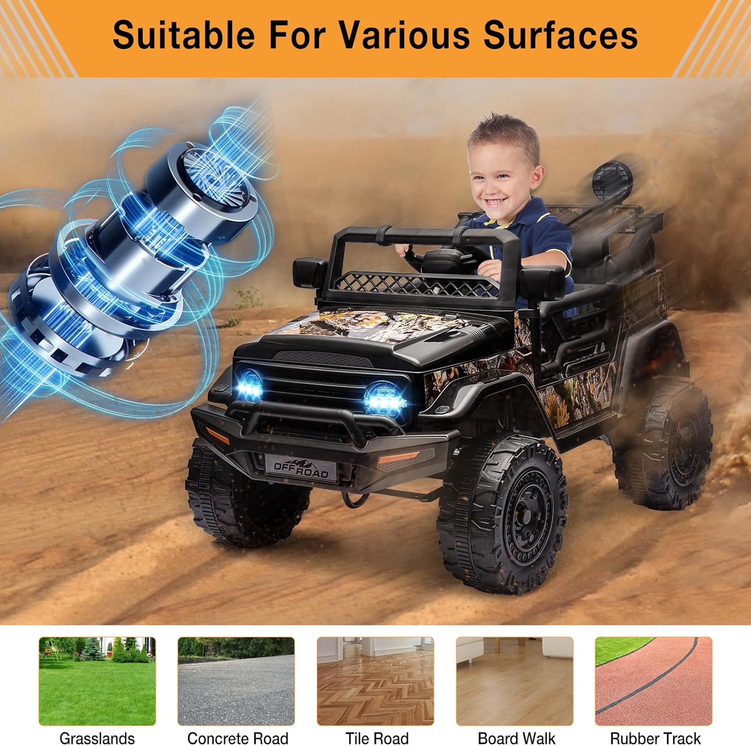 Garvee 12V Kids Ride On Truck Car with Remote Control - Electric Ride On Toys for Toddlers, Spring Suspension, 3 Speeds, LED Lights, Bluetooth Music & Parent Safety Brake
