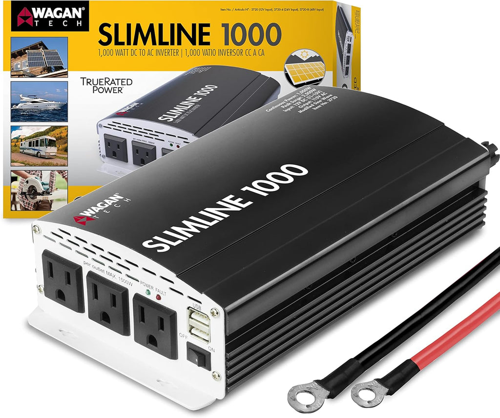 Wagan EL3720 1000W Slimline Plus AC to DC Power Inverter 1000 Watt TrueRated Continuous 2500 Watt Surge Power DC 12V to AC 110V Modified Sine Wave 3 AC Outlets and 2A USB Charging Port