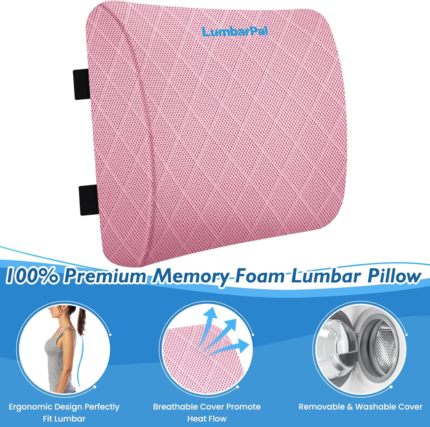 Lumbar Support Pillow for Office Chair Back Support Lumbar Pillow for Car, Gaming, Office Chair - Improve Sitting Posture & Back Pain Relief, Memory Foam, Adjustable Straps, Pink