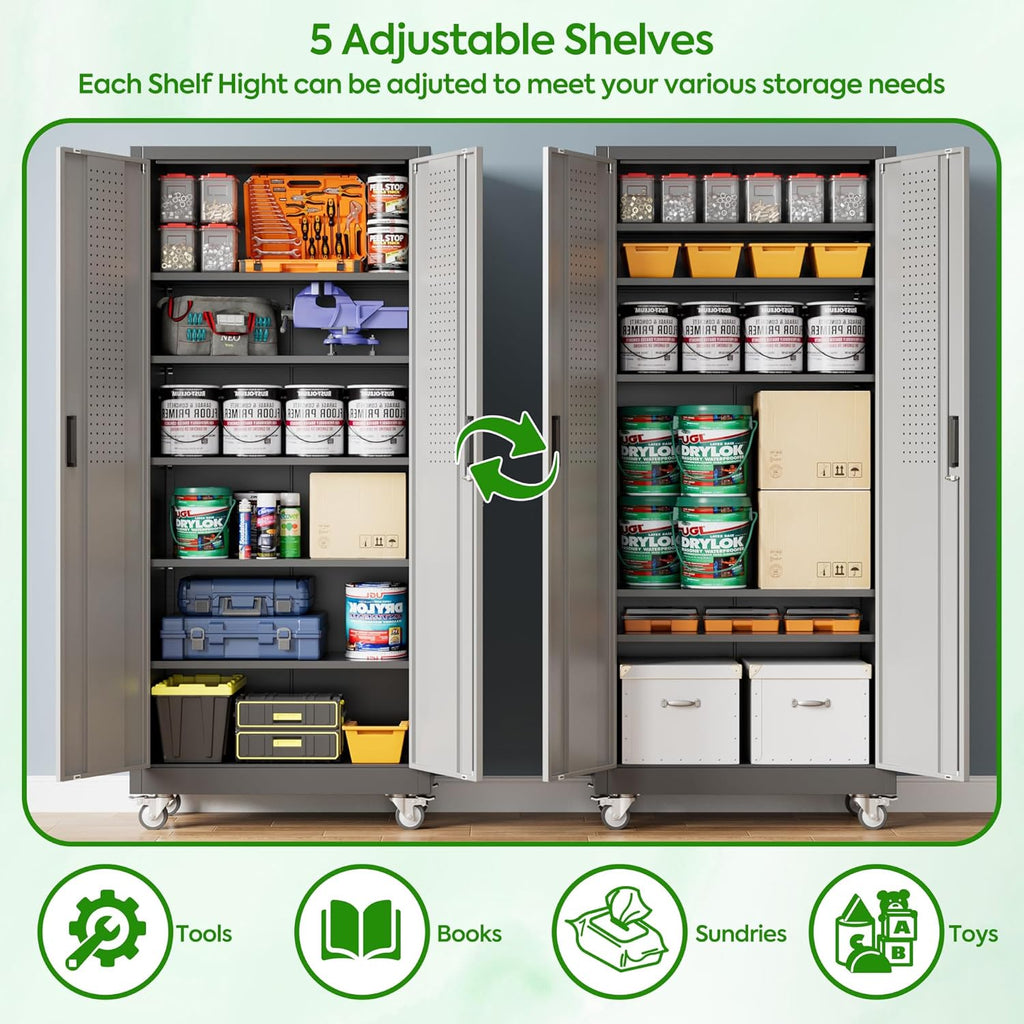 Garage Storage Cabinet with Pegboard and 5 Adjustable Shelves, 71'' x 32'' x 16''Metal Lockable Cabinet with Magnetic Doors,Tool Storage,Home Office Garage,Gym,School (Black-Grey)