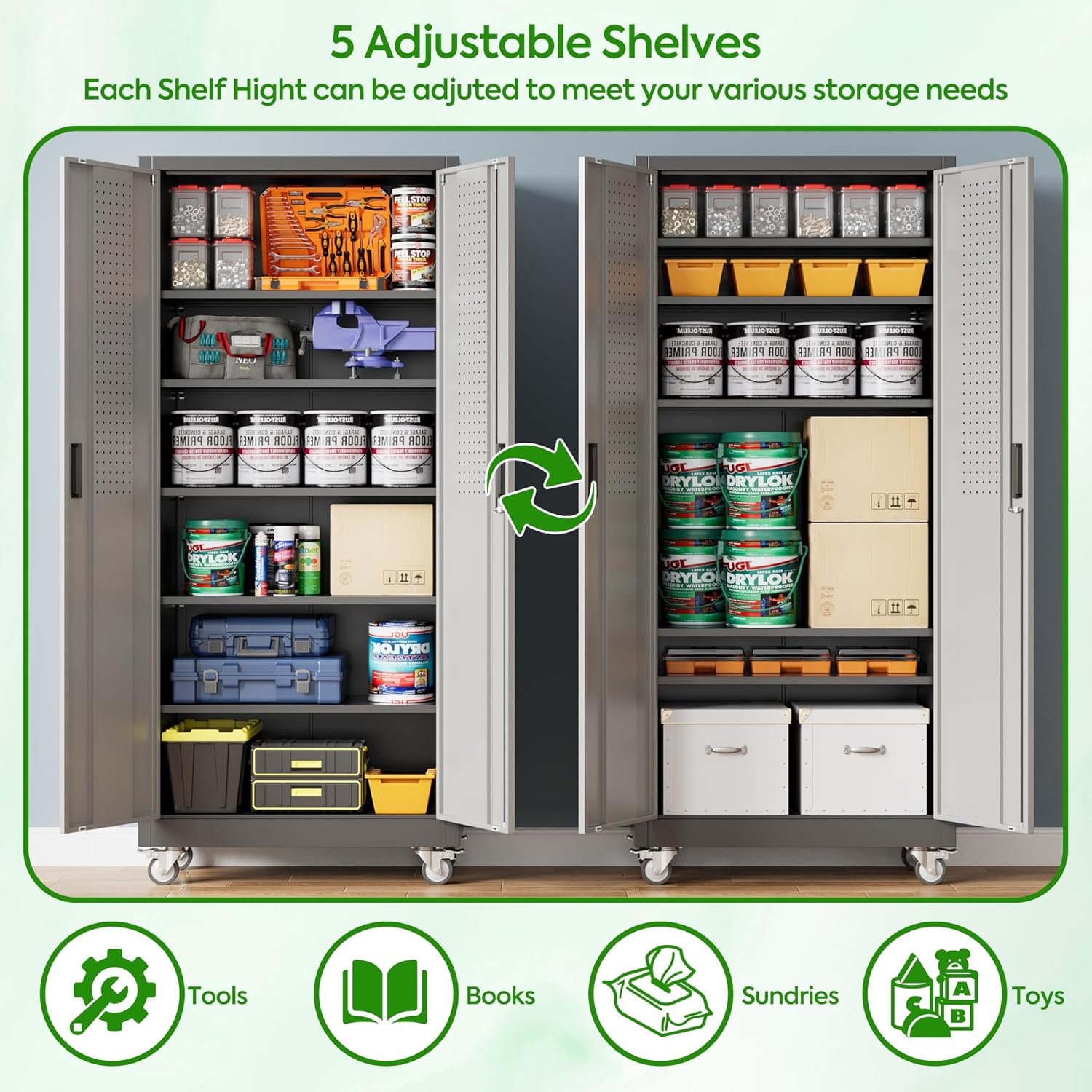 Garage Storage Cabinet with Pegboard and 5 Adjustable Shelves, 71'' x 32'' x 16''Metal Lockable Cabinet with Magnetic Doors,Tool Storage,Home Office Garage,Gym,School (Black-Grey)