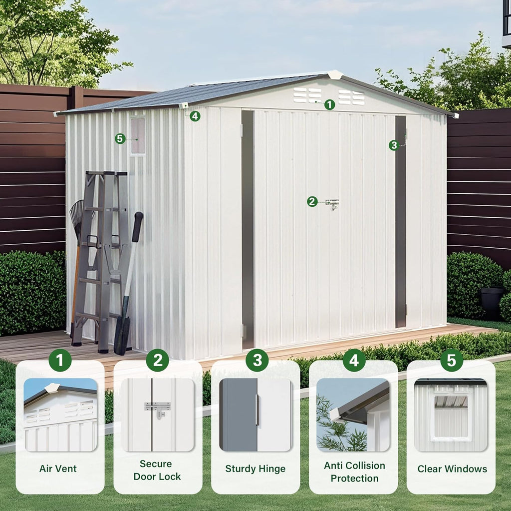8X6 FT Outdoor Storage Shed with Window, Metal Garden Sheds w/Lockable Door and Vents, Waterproof Steel Tool House for Backyard, Patio, Lawn, Sundries & Utility Storage, White