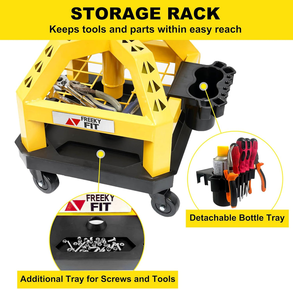 Rolling Shop Stool for Garage with Casters, DO02-Adjustable Height 360° Swivel Shop Seat with Tool Tray Storage, 330 LBS Capacity Padded Mechanic Stool, Yellow