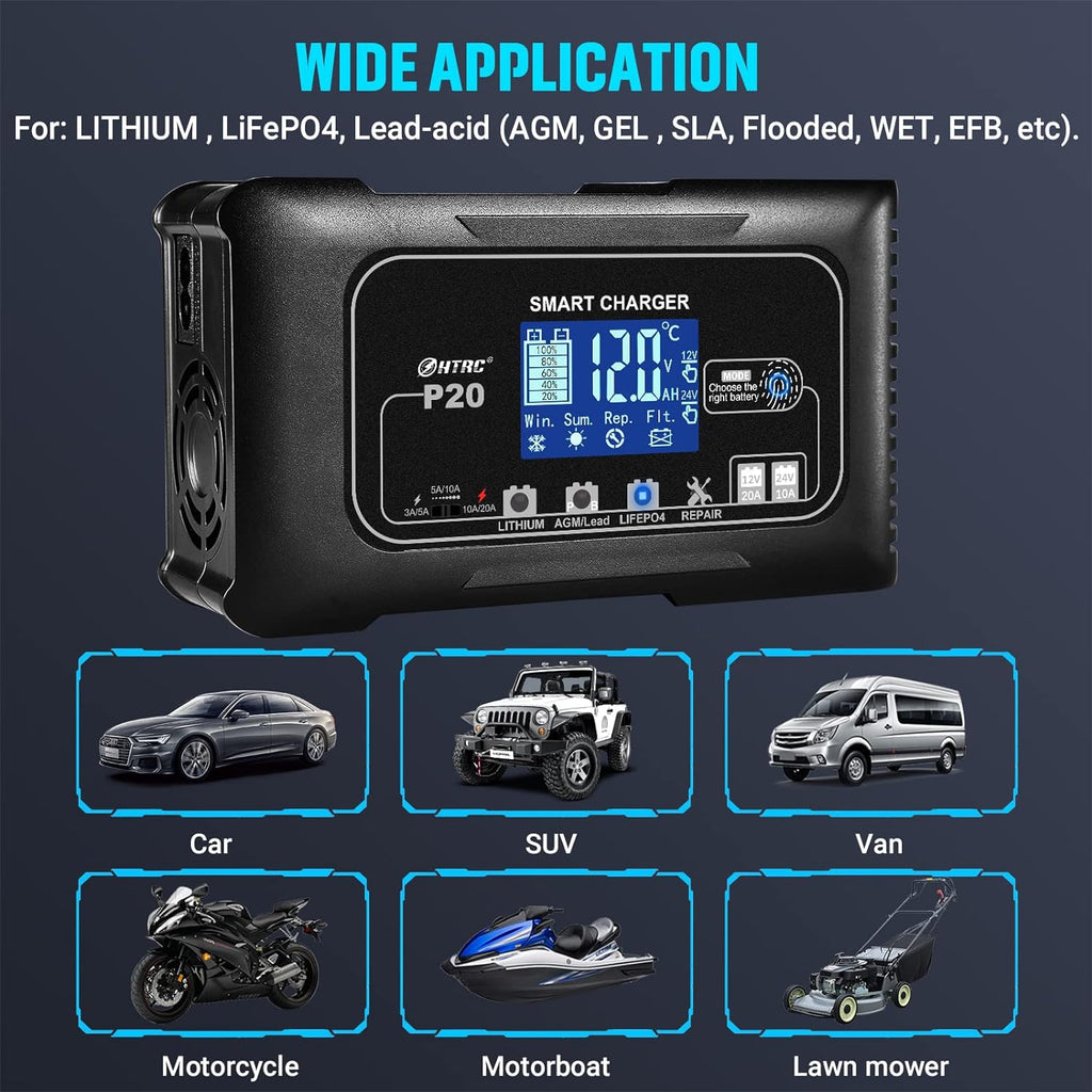 20Amp Lithium Battery Charger, 12V and 24V, Lifepo4, Lead-Acid (AGM/Gel/SLA.) Car Battery Charger, Maintainer Cycle Charger Trickle Charger Battery Desulfator for Boat, Motorcycle, Golf Cart