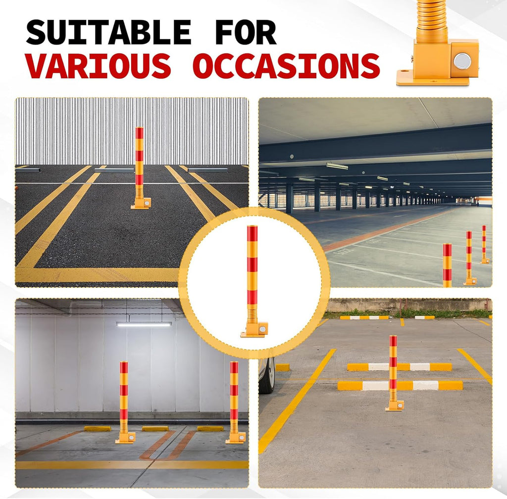 Zonon 2 Pcs Spring Parking Post Folding Heavy Metal Parking Barrier Lock Obstacle Pile with Warning Stripes Interceptor Bollard for Traffic-Sensitive Area Garage