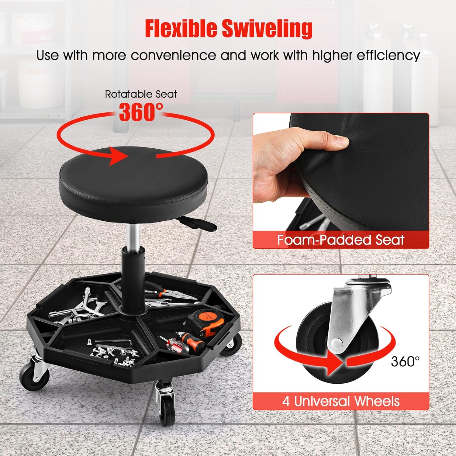 IRONMAX Rolling Mechanic Stool, Adjustable Shop Stool Creeper Seat with Removable Tool Tray, Padded Plush Cushion, Universal Wheels, Heavy Duty Metal Frame, 330 LBS Max Load (Black)