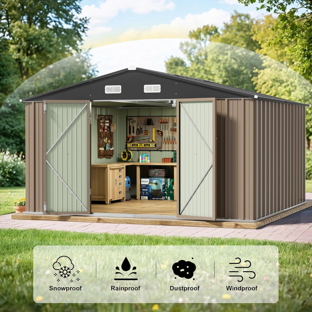 JUMMICO 8 x 10 FT Outdoor Storage Shed, Large Metal Garden Shed & Tool Sheds for Backyard Garden Patio Lawn (Brown)
