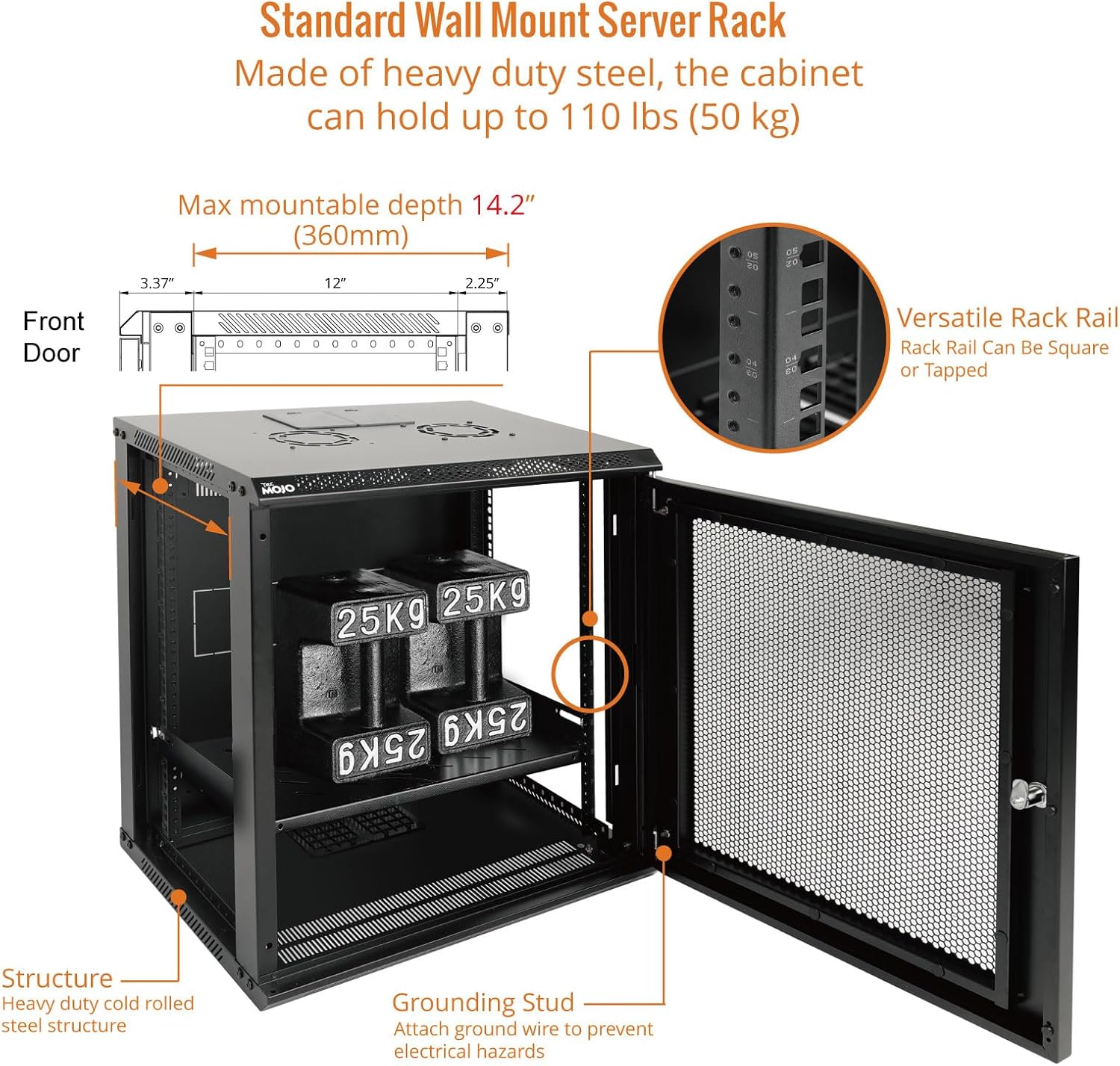 Tecmojo 12U Wall Mount Rack Network Cabinet for 19” IT Equipment,with Lockable Mesh Door and Removable Side Panels,Cooling Fan,Black,17.7inch Deep