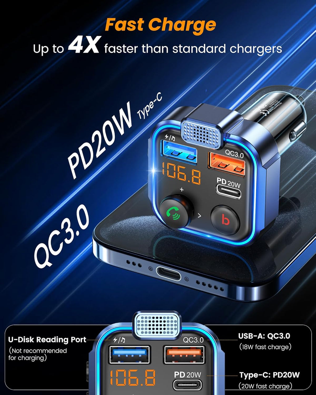 LENCENT FM Transmitter in-Car Adapter, Type-C PD 20W+ QC3.0 Fast USB Charger, Wireless Bluetooth 5.3 Radio Car Kit, Hands-Free Calling, MP3 Player Receiver Hi Fi Bass, Support U Disk