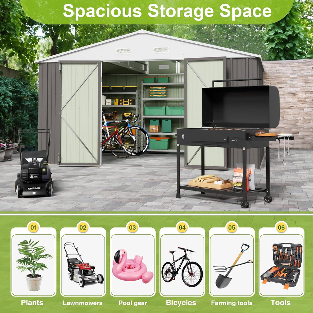 JUMMICO 10 x 10 FT Outdoor Storage Shed, Large Metal Garden Shed & Tool Sheds for Backyard Garden Patio Lawn (Grey)