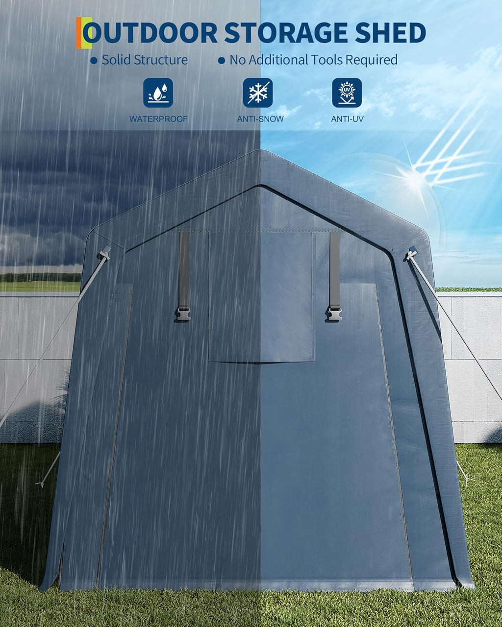 7x15FT Outdoor Storage Shed, Portable Carport with Roll-up Ventilated Zipper Door and Windows, Heavy Duty Waterproof Tarp, Storage Sheds for Motorcycle, Bike, Firewood, Garden Tools